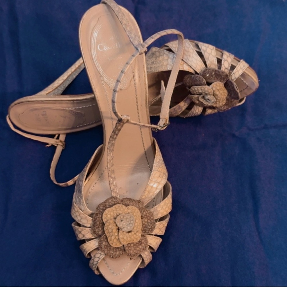 Rene Caovilla Beige and Brown Strappy Heels